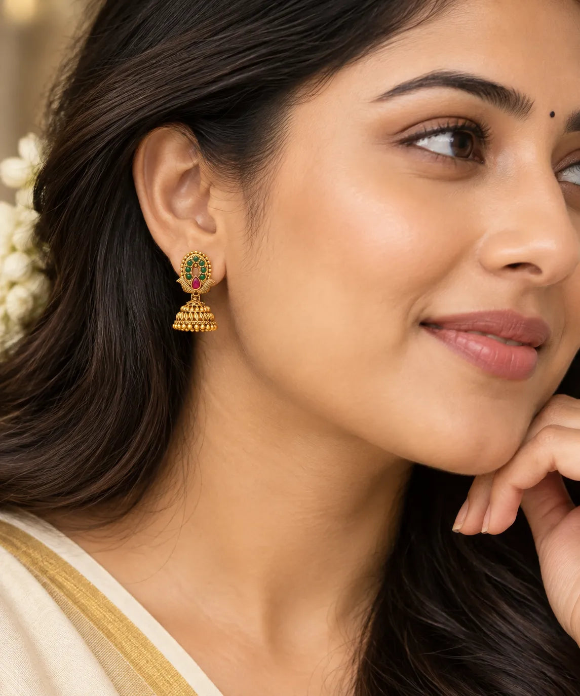 Emerald Ruby Antique Golden Jhumka