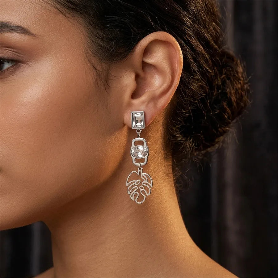 Leaf Charm Crystal Drop Earring