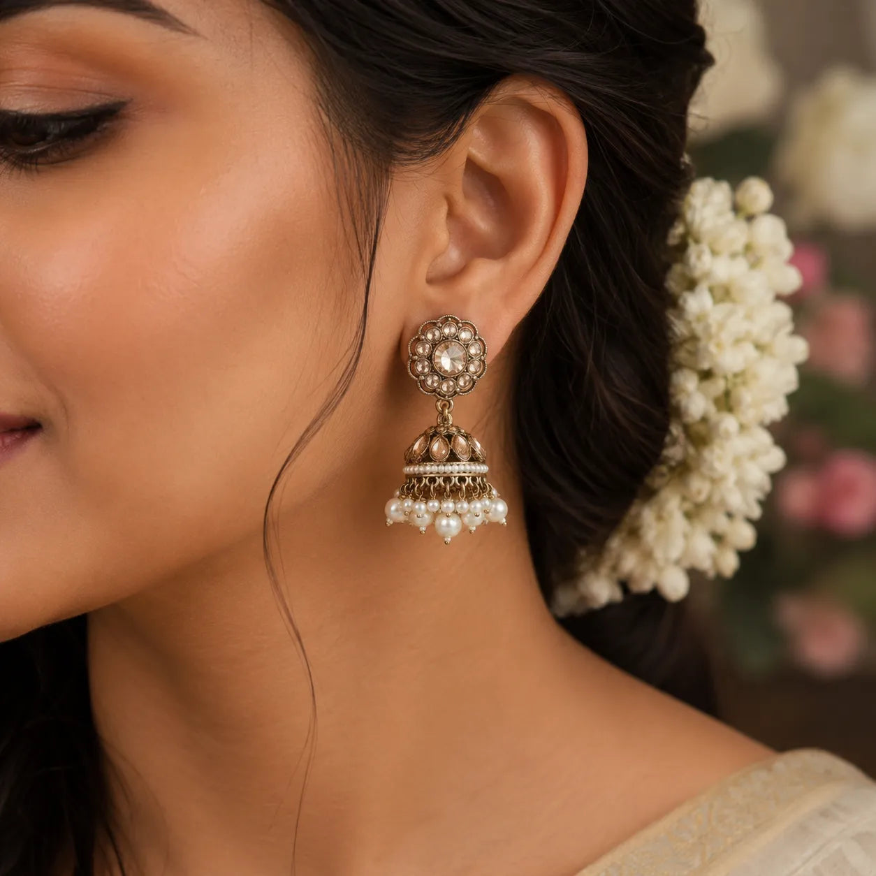 Antique Gold-Finish Floral Crystal Pearl Jhumka