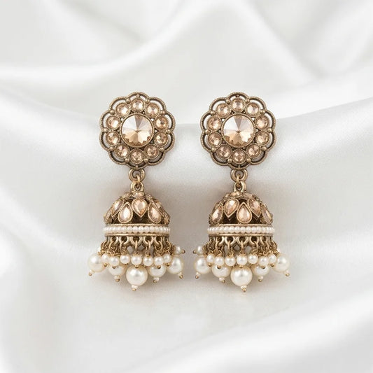 Antique Gold-Finish Floral Crystal Pearl Jhumka