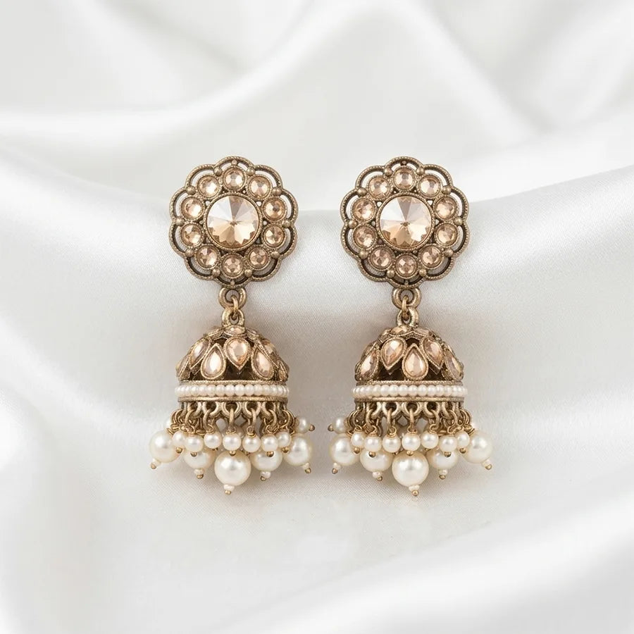 Antique Gold-Finish Floral Crystal Pearl Jhumka