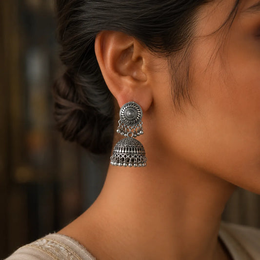 Traditional Oxidized Silver Dome Jhumka
