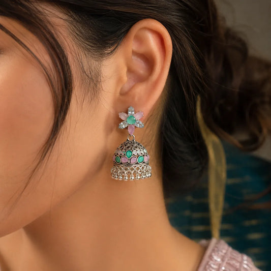 Pastel Floral Oxidized Silver Jhumka