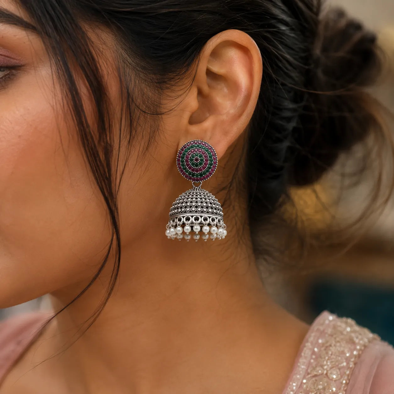 Oxidized Silver Multicolor Stone Jhumka with Pearl Drops