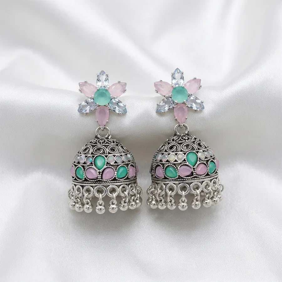 Pastel Floral Oxidized Silver Jhumka