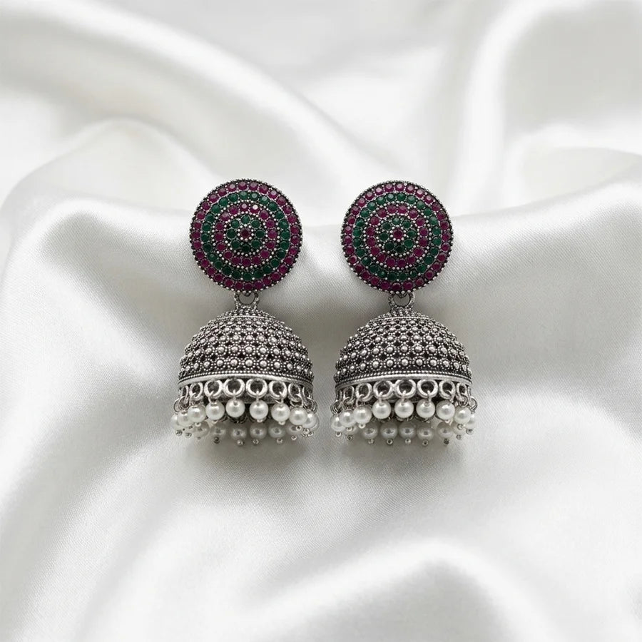 Oxidized Silver Multicolor Stone Jhumka with Pearl Drops