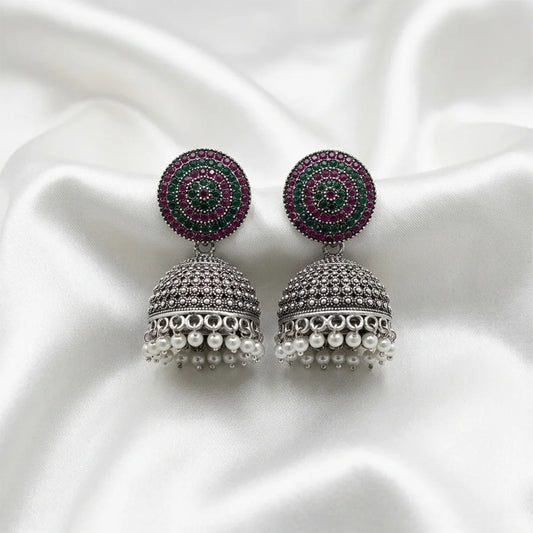 Oxidized Silver Multicolor Stone Jhumka with Pearl Drops