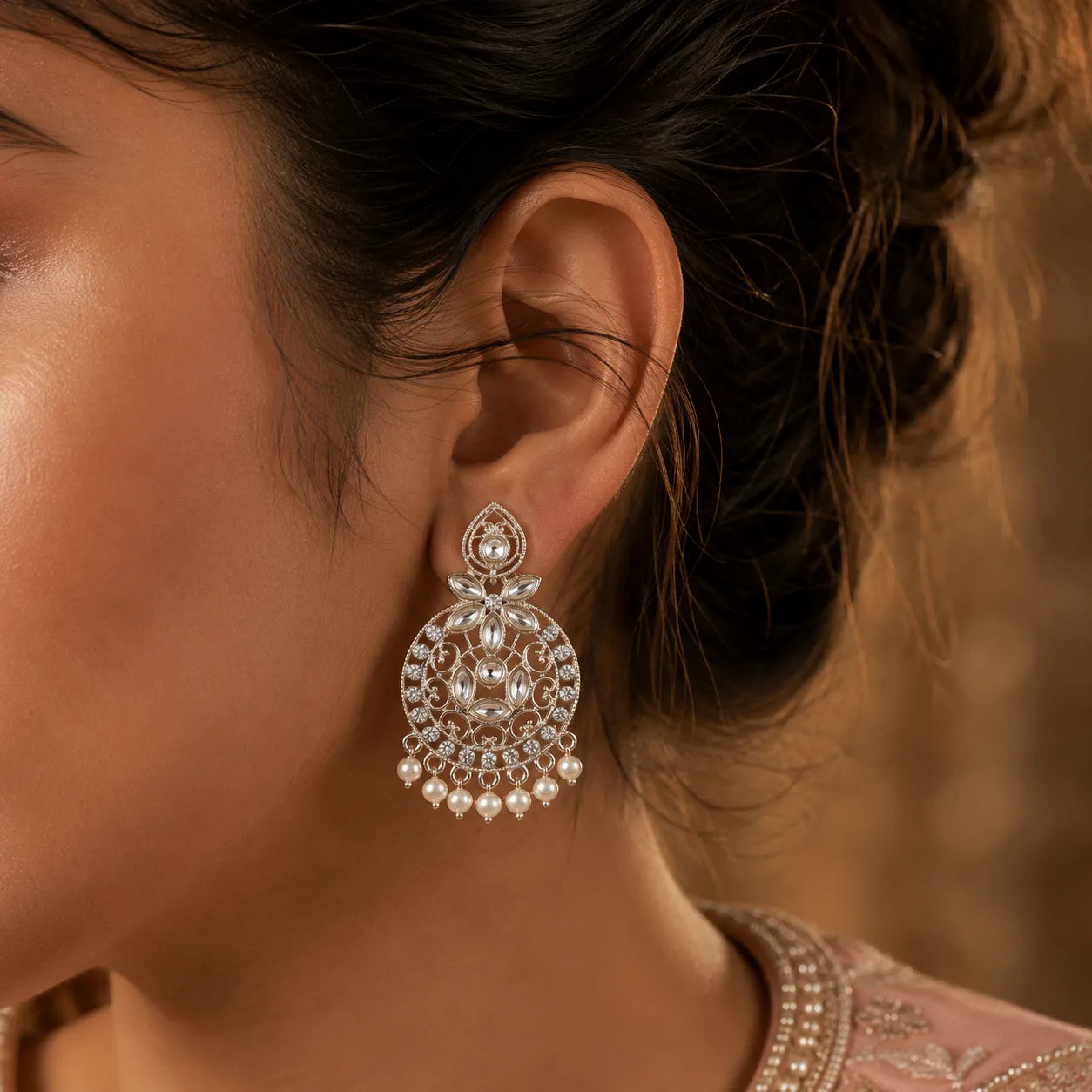 Floral Crystal Filigree Pearl Drop Statement Earring