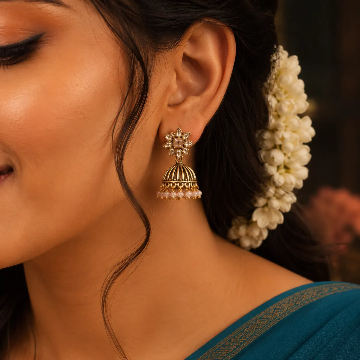 Kundan Jhumka with Bead Drops