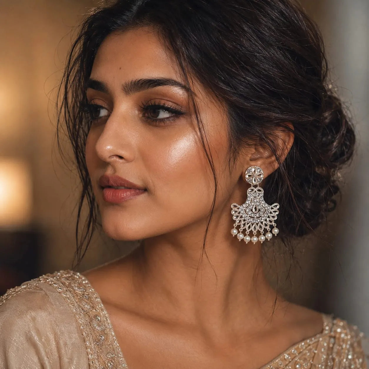 Silver-Toned Floral Chandbali Cluster