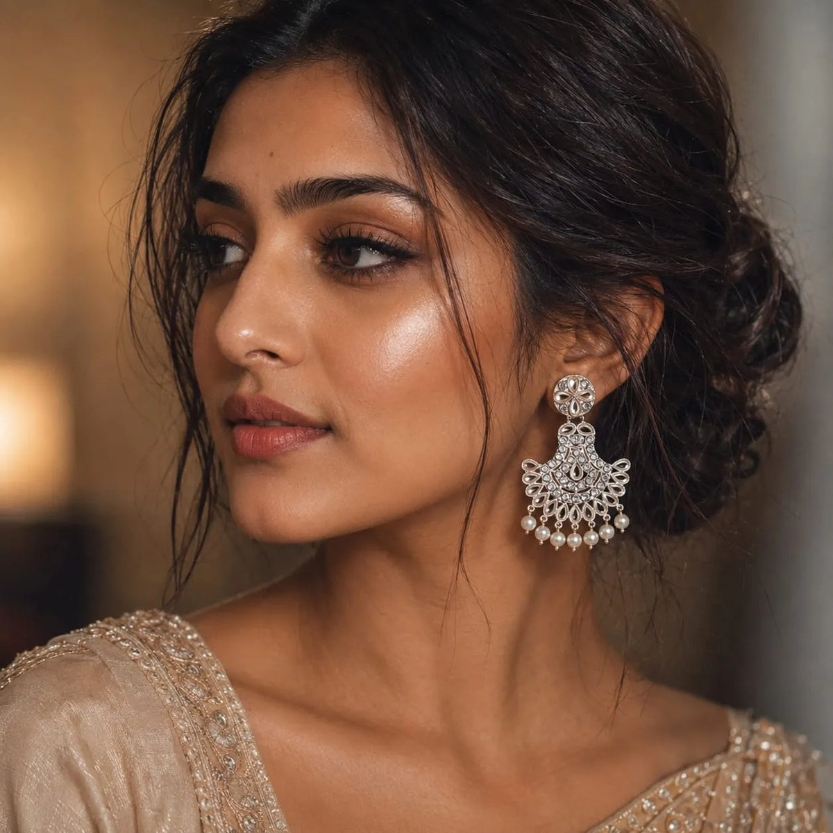 Silver-Toned Floral Chandbali Cluster