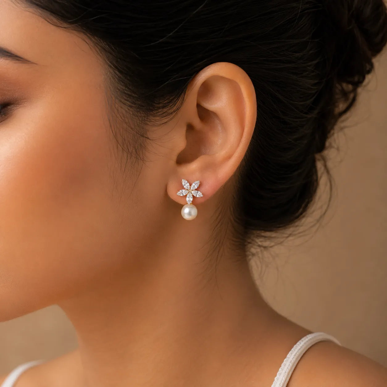 Crystal Flower Pearl Drop Stud