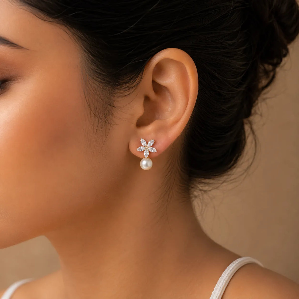 Crystal Flower Pearl Drop Stud