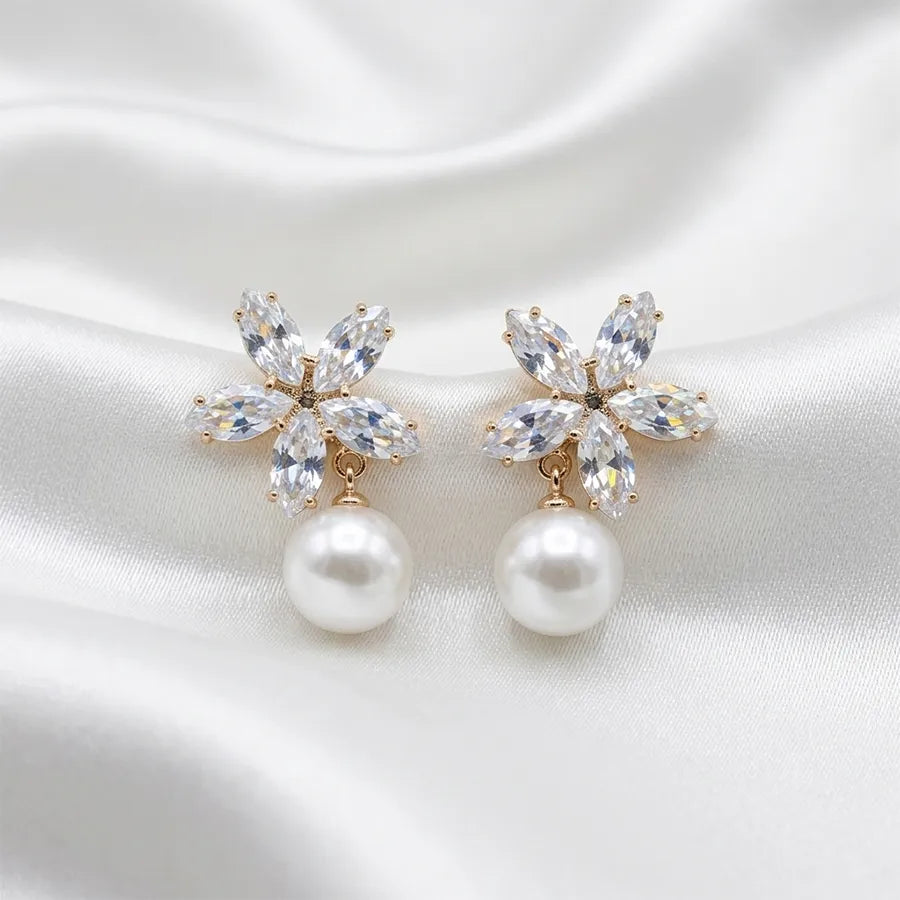 Crystal Flower Pearl Drop Stud