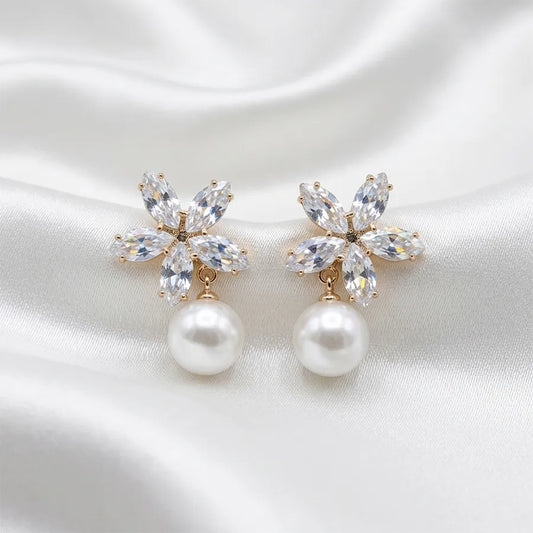 Crystal Flower Pearl Drop Stud