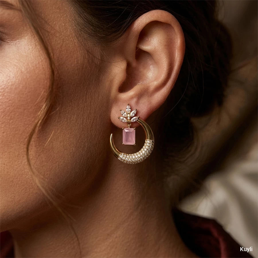 Pink Stone Crescent Luxe Earring