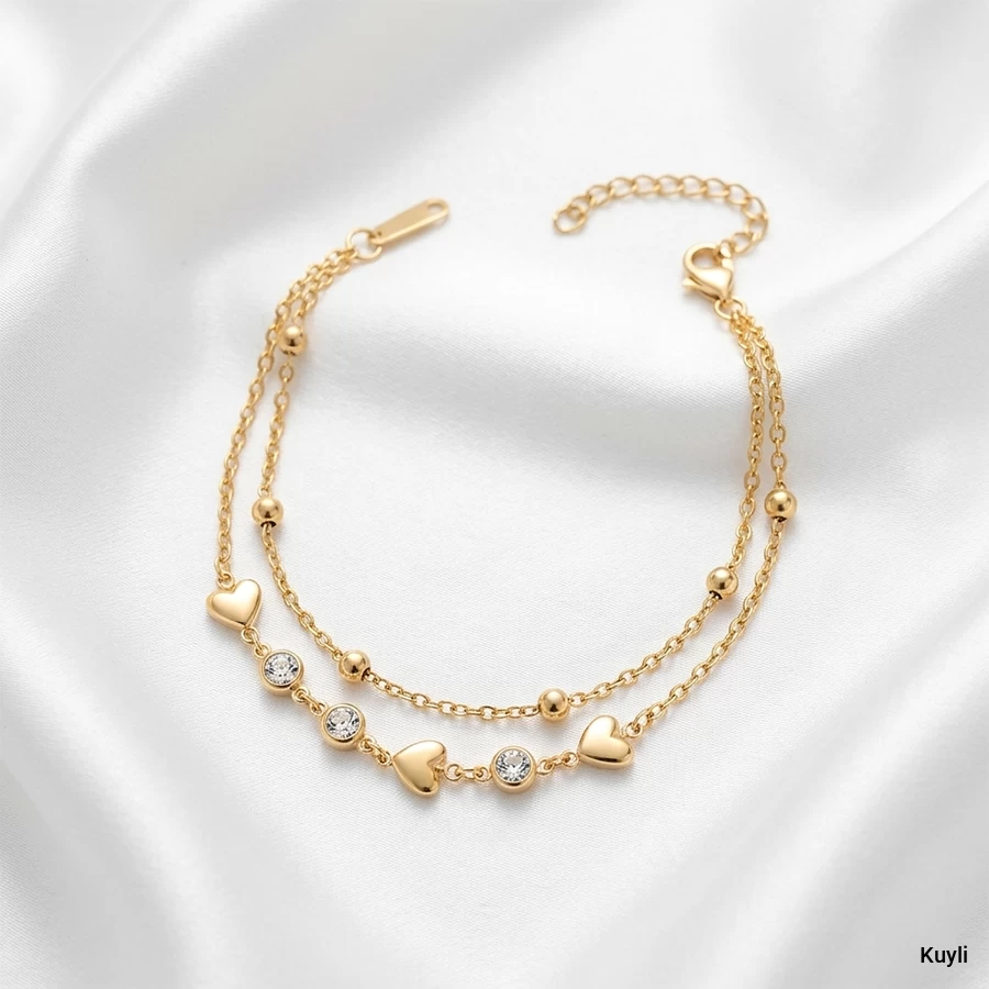 Golden Heart Charm Double-Layer Crystal Bracelet