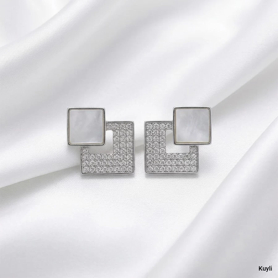 Geometric Square Pave & Shell Stud