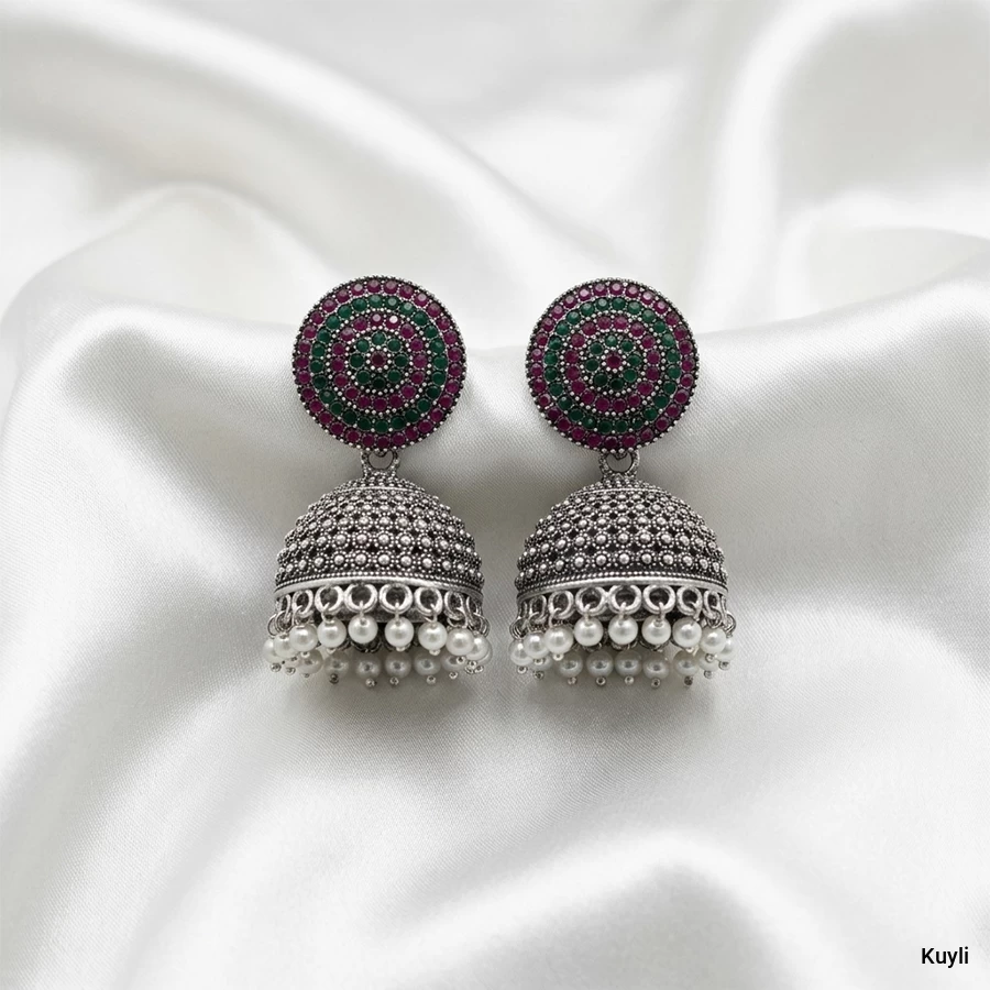 Oxidized Silver Multicolor Stone Jhumka with Pearl Drops